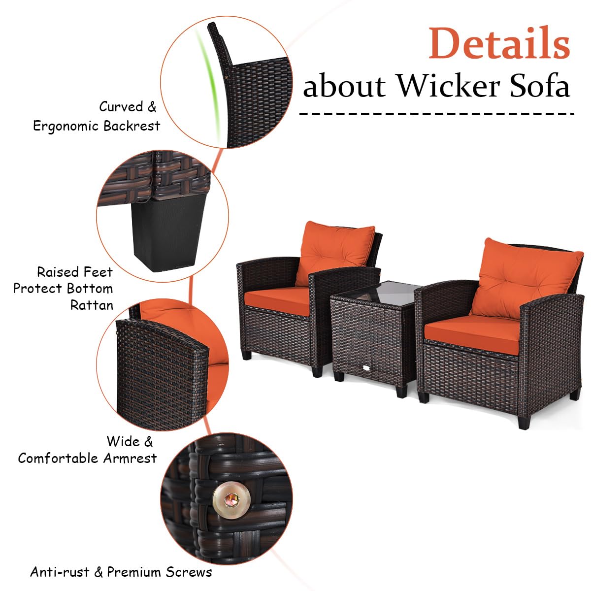 COSTWAY 3PCS Patio Furniture Set, PE Rattan Wicker Sofa w/Washable Cushion and Coffee Table, Tempered Glass Tabletop, Outdoor Conversation Set for Balcony, Porch, Yard, Backyard, Lawn (Orange)