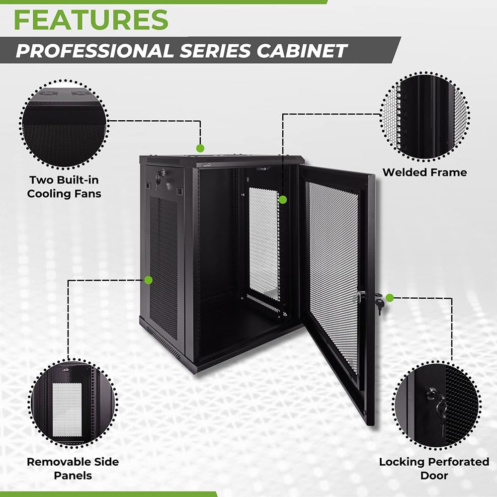 NavePoint 15U Server Rack Enclosure - 17.7” Deep, Wall Mount Network Cabinet with Locking Perforated Door, 19” IT Equipment Compatible, Network Rack, Removable Side Panels, Black