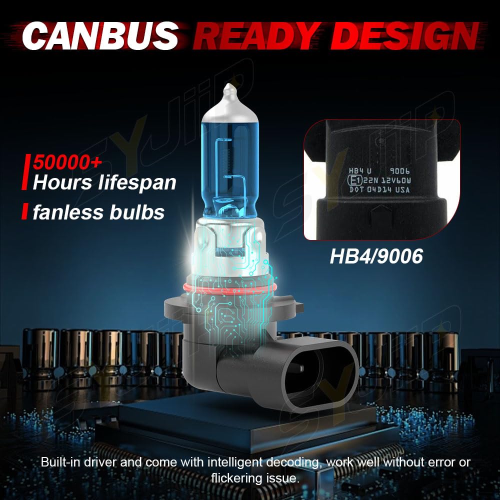 SYJIIP Halogen Headlight Bulbs 9003/H4 + 9006 Fog Light 6000K White, 300% Brightness, Pack of 4, Compatible with Toyota Se