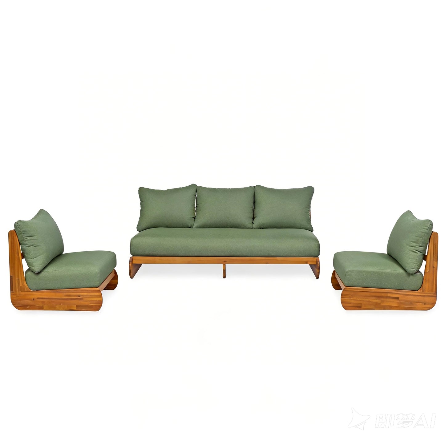Merax 3 Piece Patio Outdoor Furniture Set, All-Weather Acacia Wood 3-Seater Daybed Sofa, 2 Chaise Lounge Chairs with Thick Cushions for Porch, Lawn, Backyard, Balcony, Green+Teak