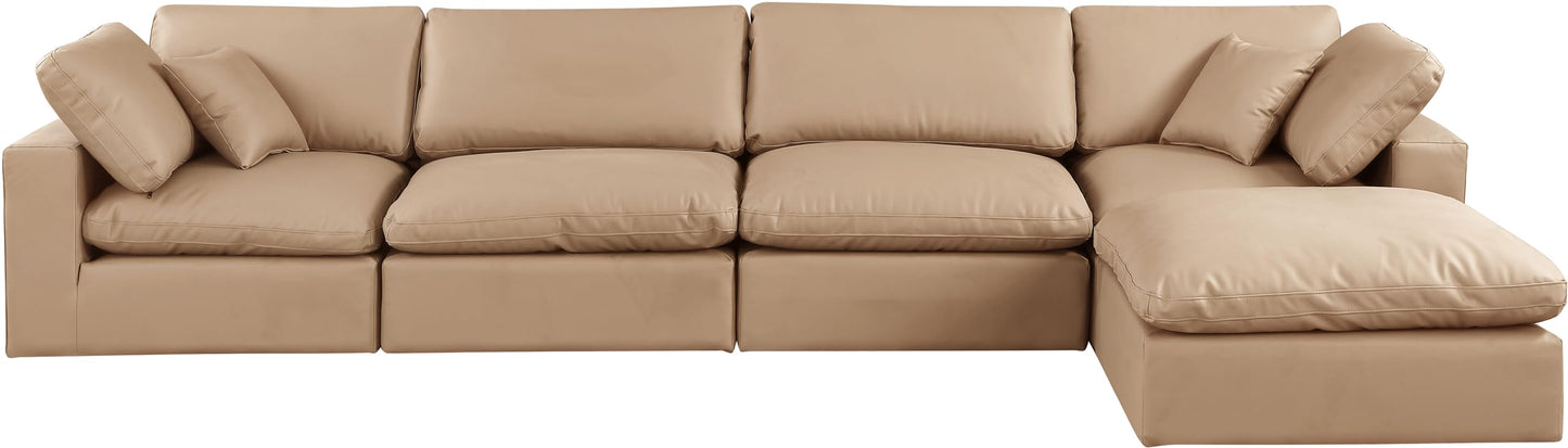 Meridian Furniture 188Tan-Sec5A Comfy Collection Modern | Contemporary Upholstered Modular Sectional, Soft Tan Vegan Leather, Fiber-Filled, 158" W x 79" D x 34.5" H, Tan