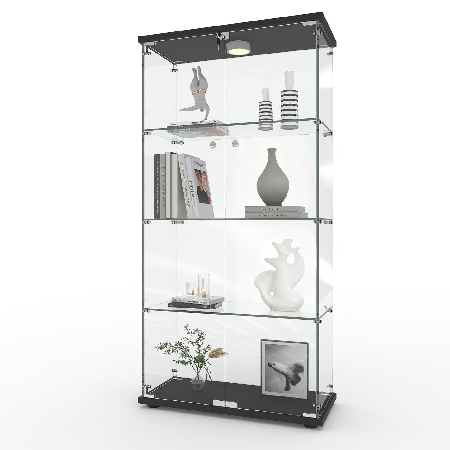 GarveeHome 4 Shelves Display Cabinet, Tempered Glass Curio Showcase with LED Light & Lock, Double Doors Storage Cabinet for Living Room Bedroom Office, Black, 64x31.7x14.3 Inch