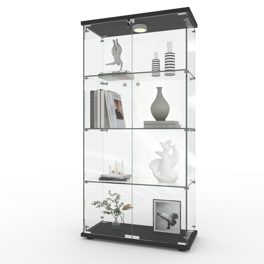 GarveeHome 4 Shelves Display Cabinet, Tempered Glass Curio Showcase with LED Light & Lock, Double Doors Storage Cabinet for Living Room Bedroom Office, Black, 64x31.7x14.3 Inch
