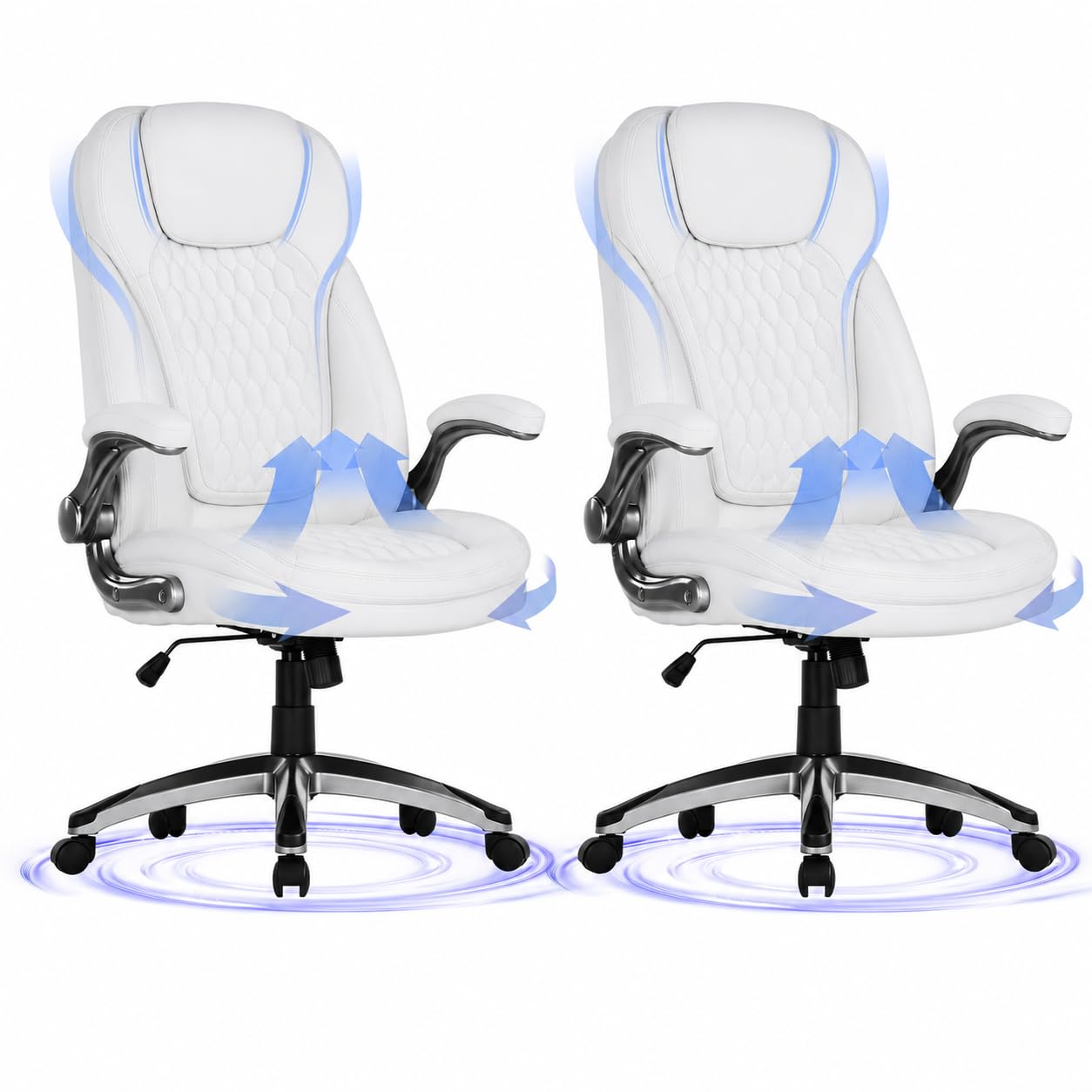 COLAMY High Back Executive Office Chairs Set of 2, Ergonomic PU Leather Desk Chairs with Flip-Up Armrests, Adjustable Height, Lumbar Support, Comfortable Computer Chairs for Home Office, White