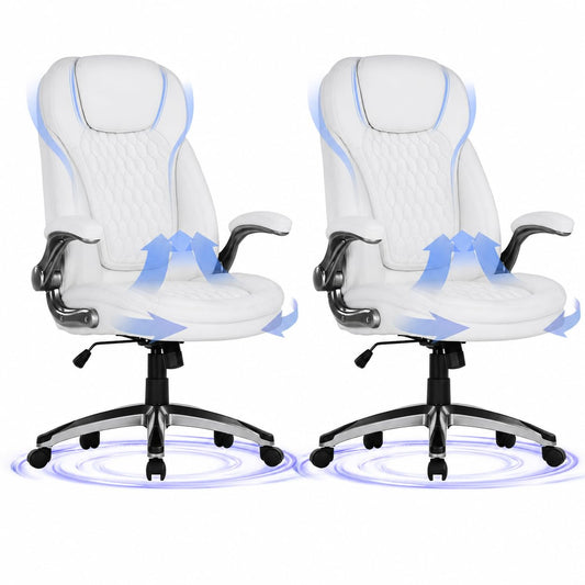COLAMY High Back Executive Office Chairs Set of 2, Ergonomic PU Leather Desk Chairs with Flip-Up Armrests, Adjustable Height, Lumbar Support, Comfortable Computer Chairs for Home Office, White