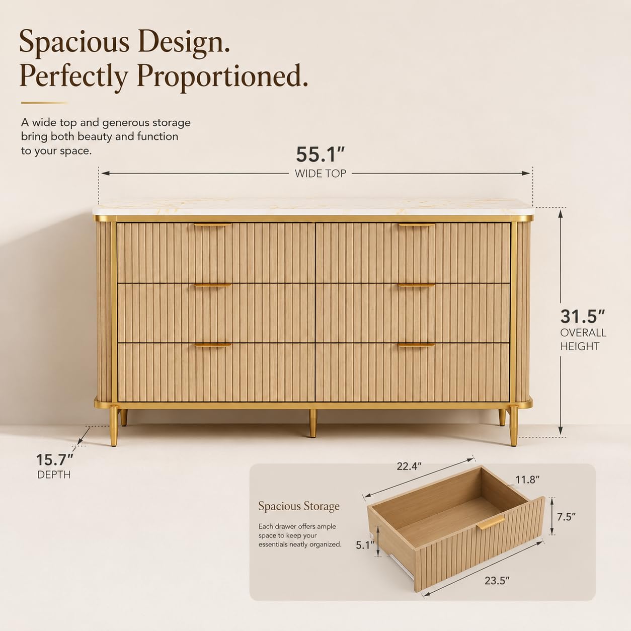 OneBlis 55.1" W 6 Drawer Dresser for Bedroom, Modern Fluted Wood Dresser with Marble-Look Top and Gold Accents, Double Chest of Drawers Storage Cabinet for Closet, Living Room, Entryway, Natural Oak