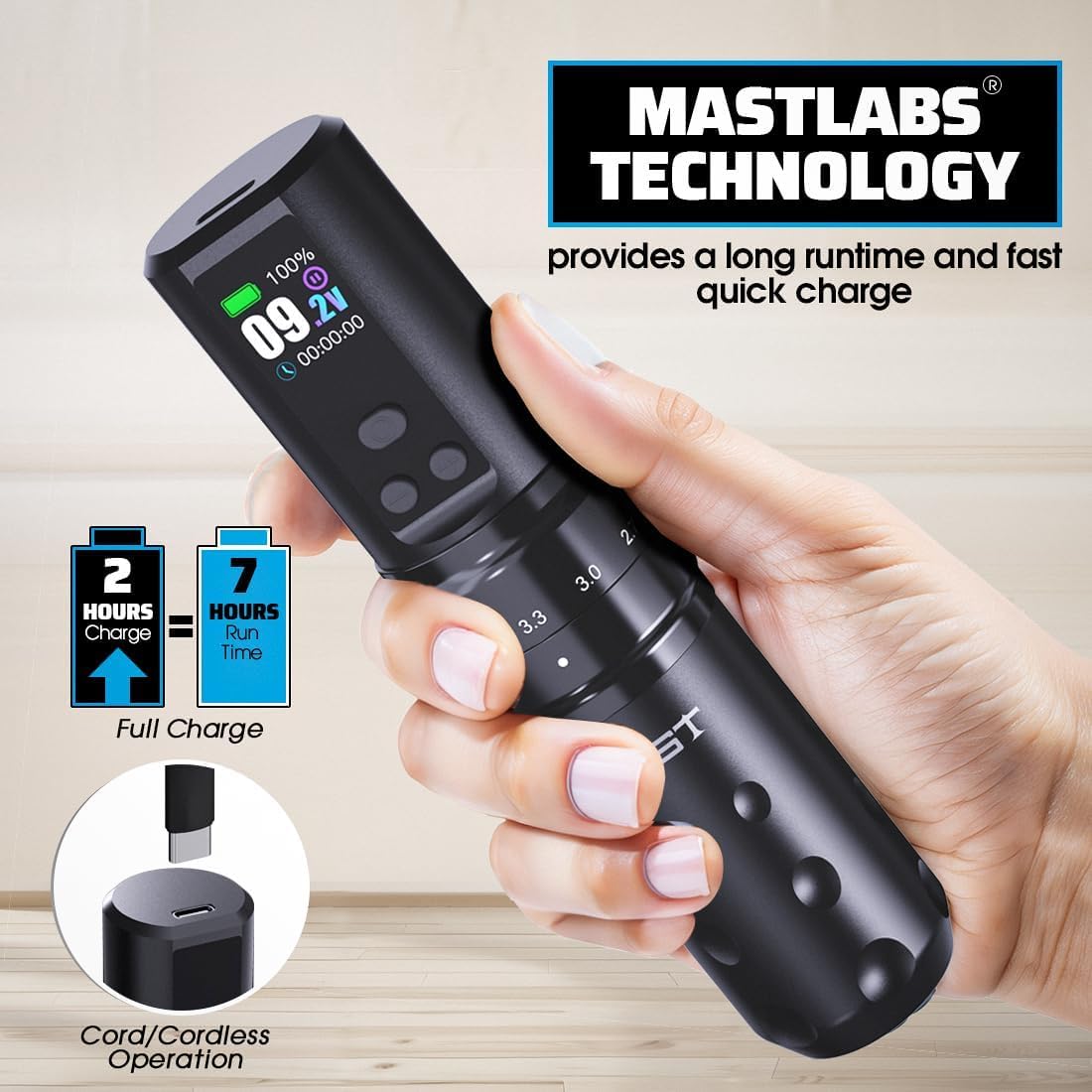 Mast Fold2 Pro Tattoo Kit, Wireless Rotary Tattoo Pen Machine for Beginners & Pros, 7 Adjustable Strokes 2.4-4.2mm, Mcore-C1 Motor, 2x2000mAh Battery, 20 Cartridge Needles and Black Ink Kit