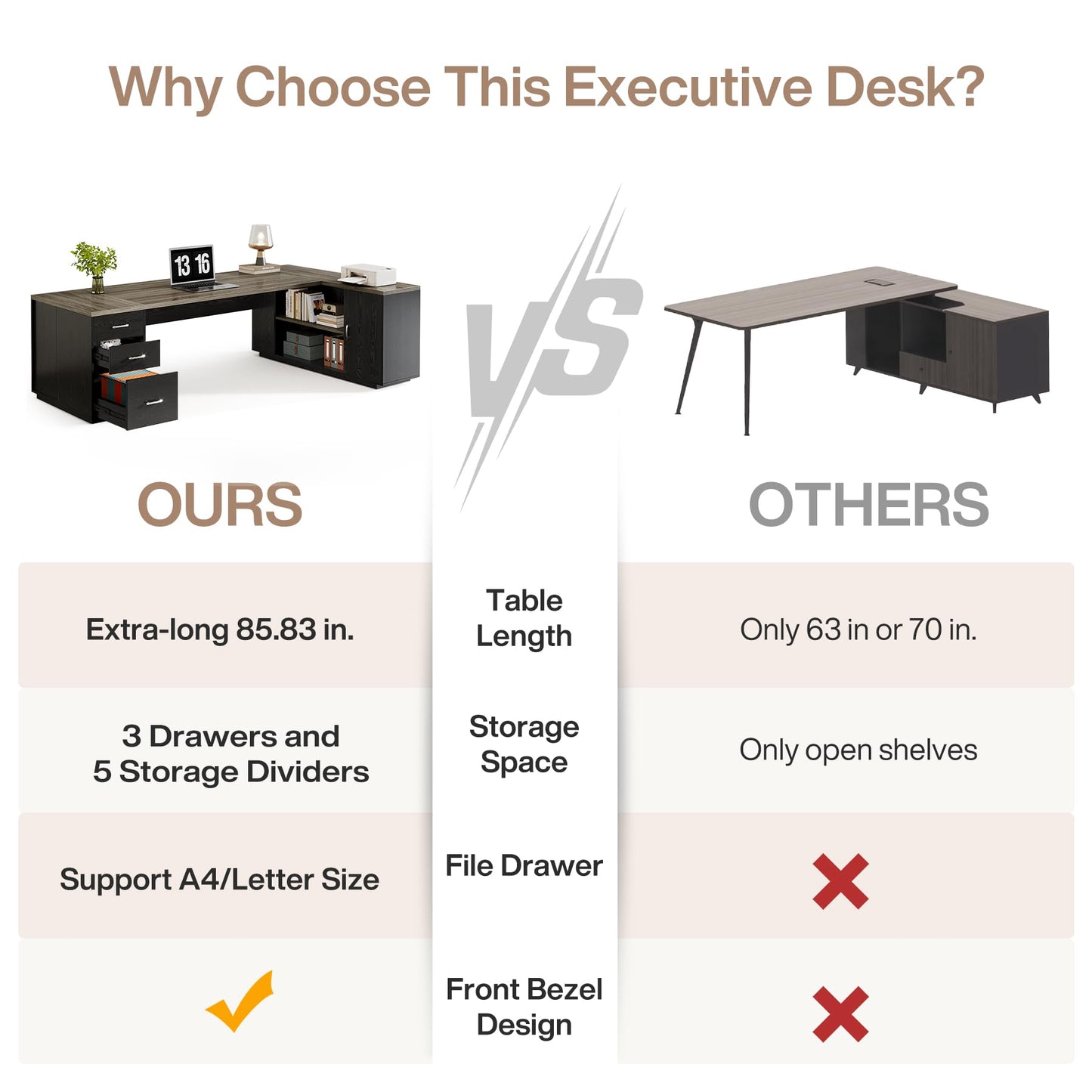 Tribesigns 85.8-Inch L-Shaped Executive Office Desk with File Drawers & Storage Cabinet, Professional Corner Computer Desk Extra Large Business Workstation with Adjustable Shelves (Gray&Black)