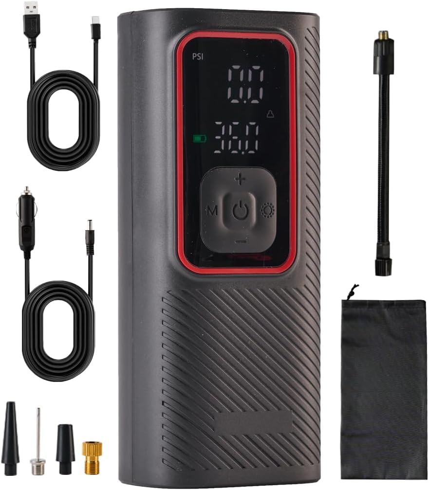 ZZT Air Compressor Tire Inflator Portable Air Pump for Car Tires with Tire Pressure Gauge (150 PSI) - One Click Smart Pump for Car, Motorcycle, Bicycle and Ball (Black&Red)