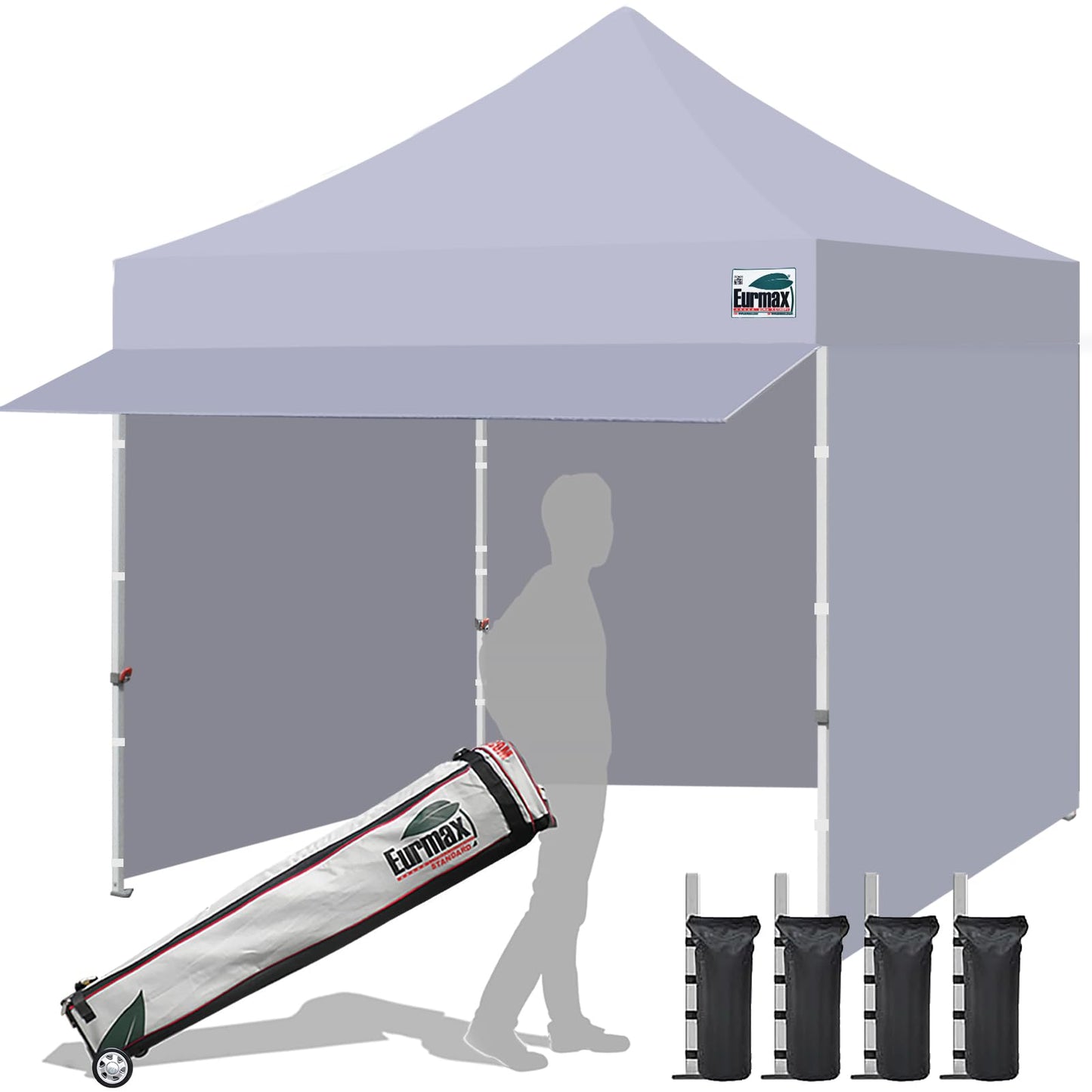 Eurmax USA 10x10 Pop Up Canopy,Commercial Tent with Patented No-Tip Rolling Bag,30sqft Extension Awning & 4 Zippered Removable Walls,UV & Water Resistant,Heavy Duty Instant Shelter Gazebo,Grey