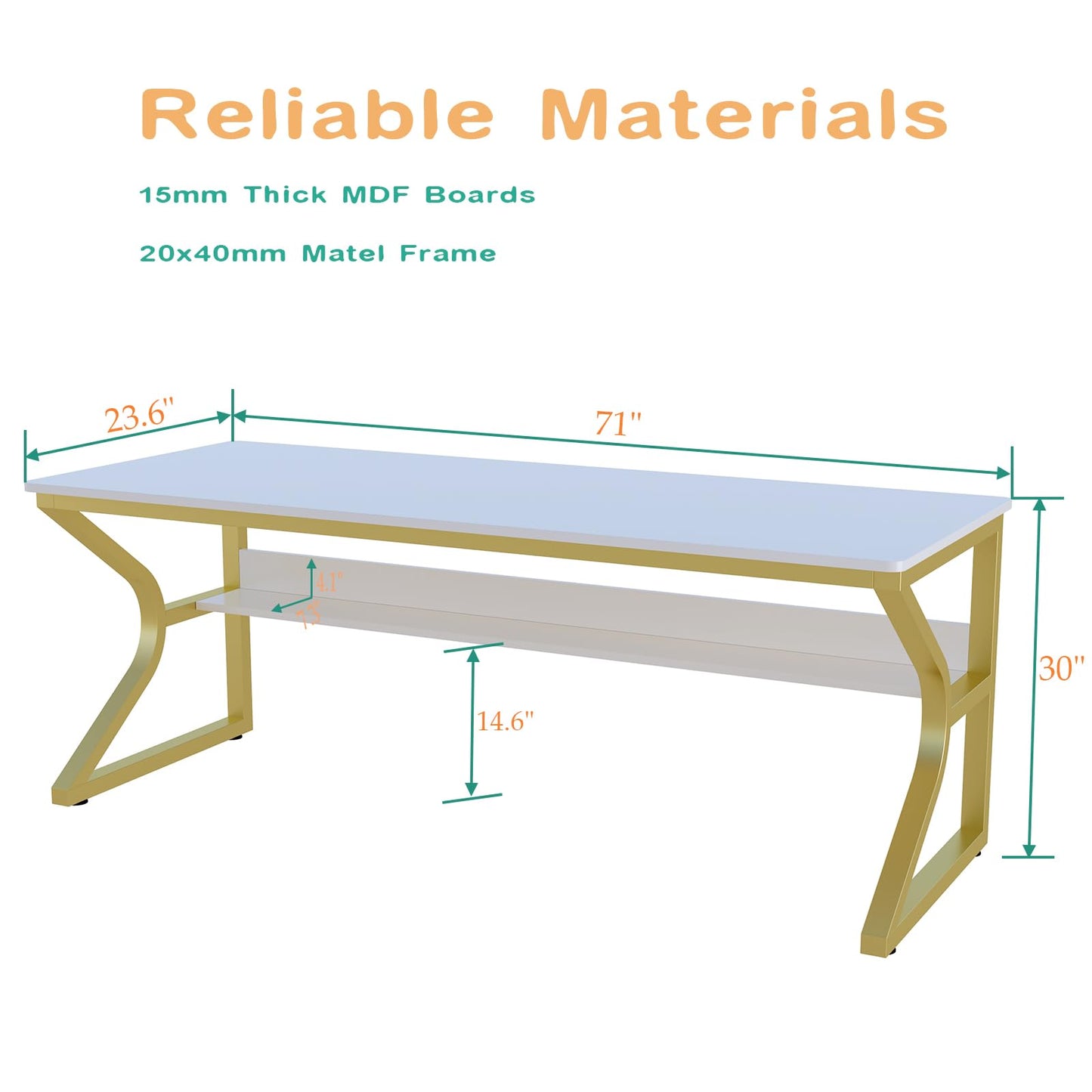 OSCHF Extra Long Desk with Bookshelf - 71" Double Long Writing Table for 2-Person Workstation, Modern Study Work Computer Desk for Home and Office, Gold