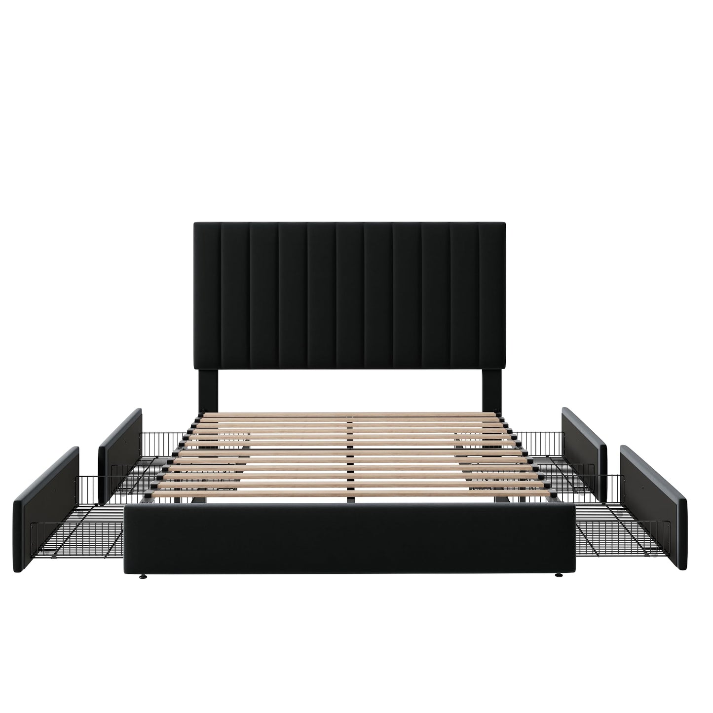 Allewie Queen Size Storage Bed Frame, Vertical Channel Tufted Adjustable Headboard, Velvet Upholstered Platform Bed with 4 Oversized Underbed Drawers, Wooden Slats Support, No Box Spring Needed, Black