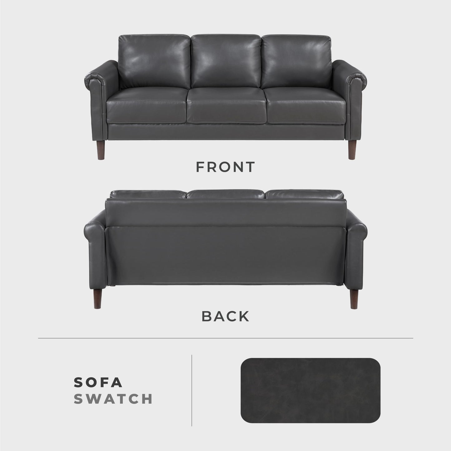 Lexicon 79" W Sofa Couch, Faux Leather Upholstered 3-Seater with Rolled Arms & Wood-Look Feet, Pocket Coil Support, Traditional Living Room, Office or Waiting Room Seating - Dark Gray