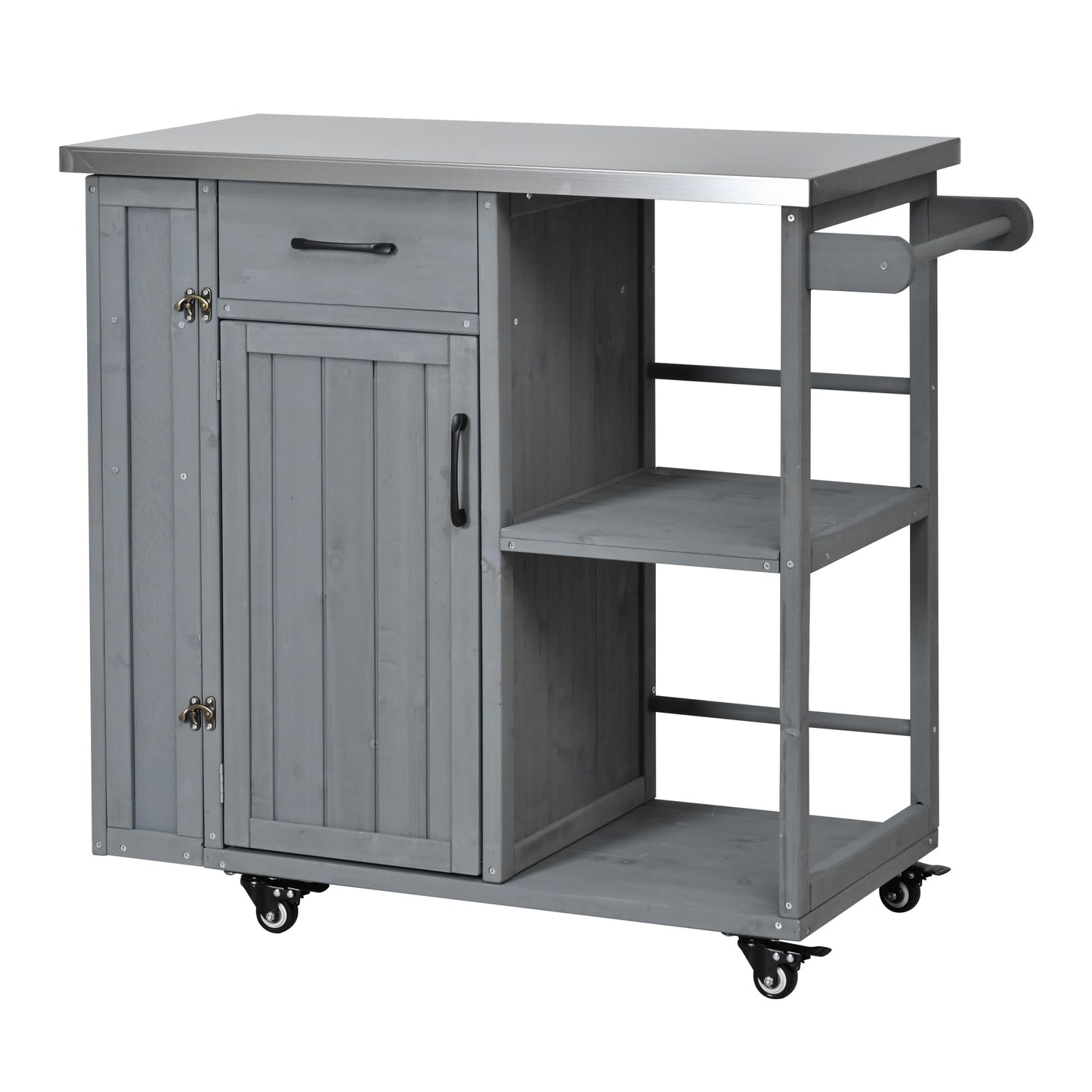 Outdoor Kitchen Island Cart with Stainless Steel Top, Rolling Grill Table with Storage Cabinet Drawer Shelves and Towel Rack, Wooden BBQ Prep Station with Lockable Wheels for Patio Backyard, Grey