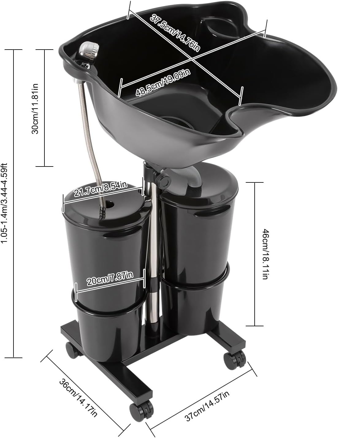 Shampoo Bowl Portable Hairdressing Backwash Unit Salon Wash Hair Basin Sink With 10 L 2 Tanks Buckets Drain Hoses And Wheels, Height Adjustable Hair Washing Sink For Barber Shop Elderly/pre