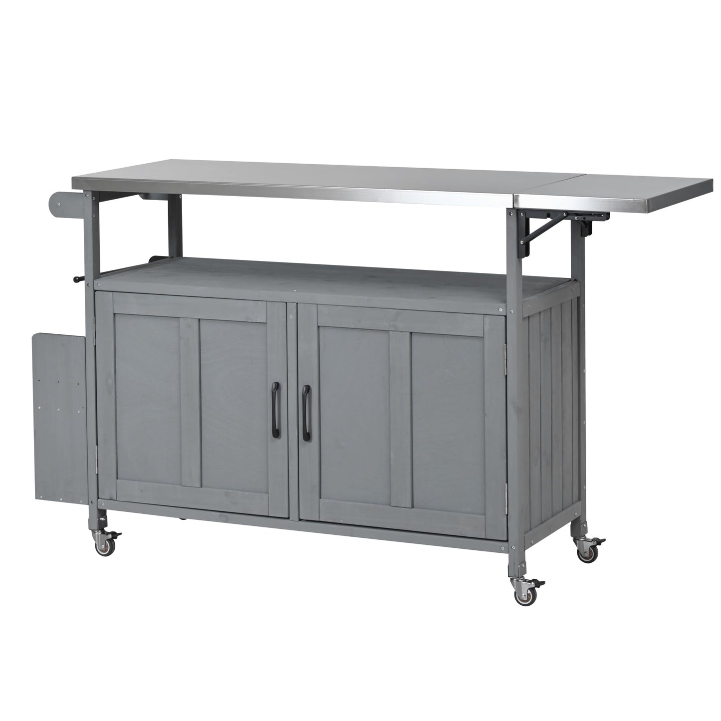 Outdoor Kitchen Island Cart with Foldable Stainless Steel Top, Rolling Grill Table with Adjustable Shelf Storage Spice Rack and Towel Holder, Wooden BBQ Prep Station with Lockable Wheels, Grey
