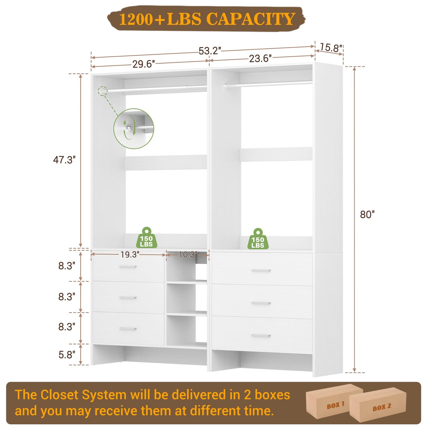 Aheaplus Closet System with 6 Drawers, 4.5ft Wood Closet Organizer System, Walk-in Closet or Small Closets Wardrobe, Clothes Rack with Hanging Rods, Set of 2, White
