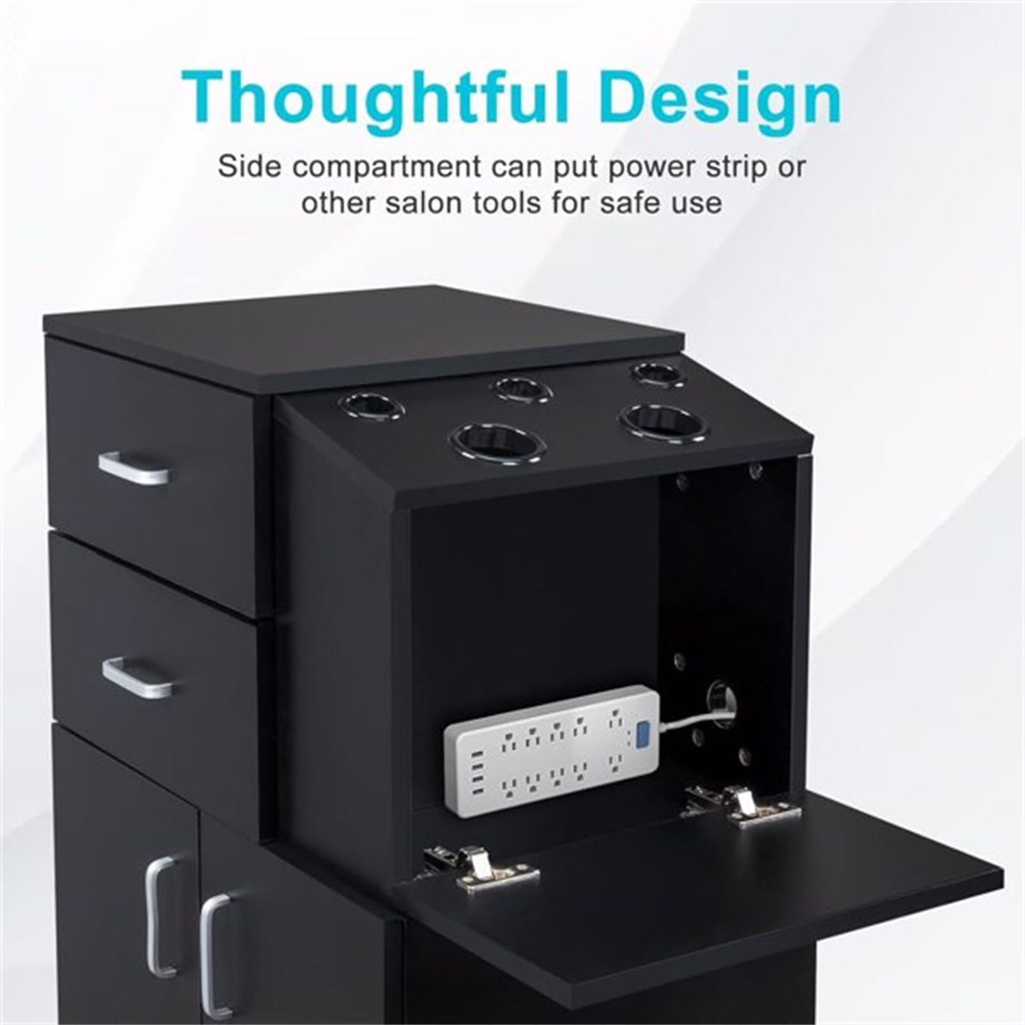CUIYMXSC Rolling Salon Station, Beauty Salon Storage Cabinet Trolley, with 5 Hair Dryer Holders, 2 Drawers, Barber Styling Station, Tool Cart for Stylist Hair Salon Barber Shops