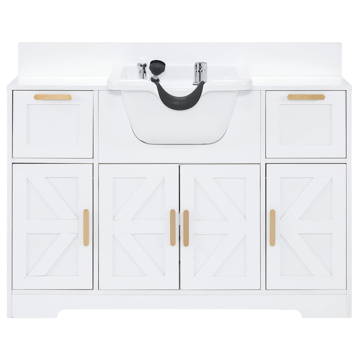 BarberPub Portable Shampoo Station, Shampoo Bowl with Cabinet & Drawer, Salon Geometric Finish Station with Sprayer Faucet, Barber Storage Equipment with Hair Wash Backwash Sink 3439 (All White)
