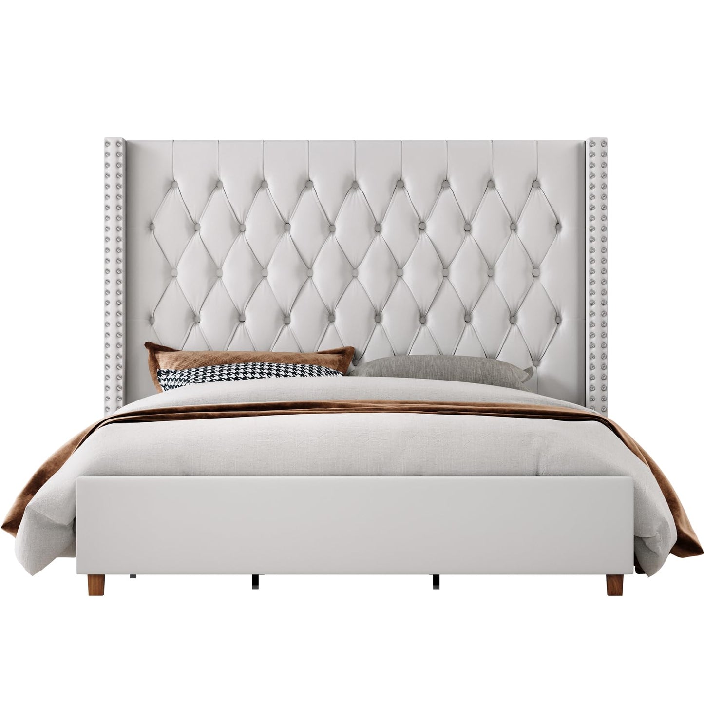 Jocisland King Size Bed Frame 61.4" Extra Tall Wingback Headboard Velvet Upholstered Deep Button Tufted Platform Bed with Solid Wood Legs & Wood Slats, No Box Spring Needed, Cream