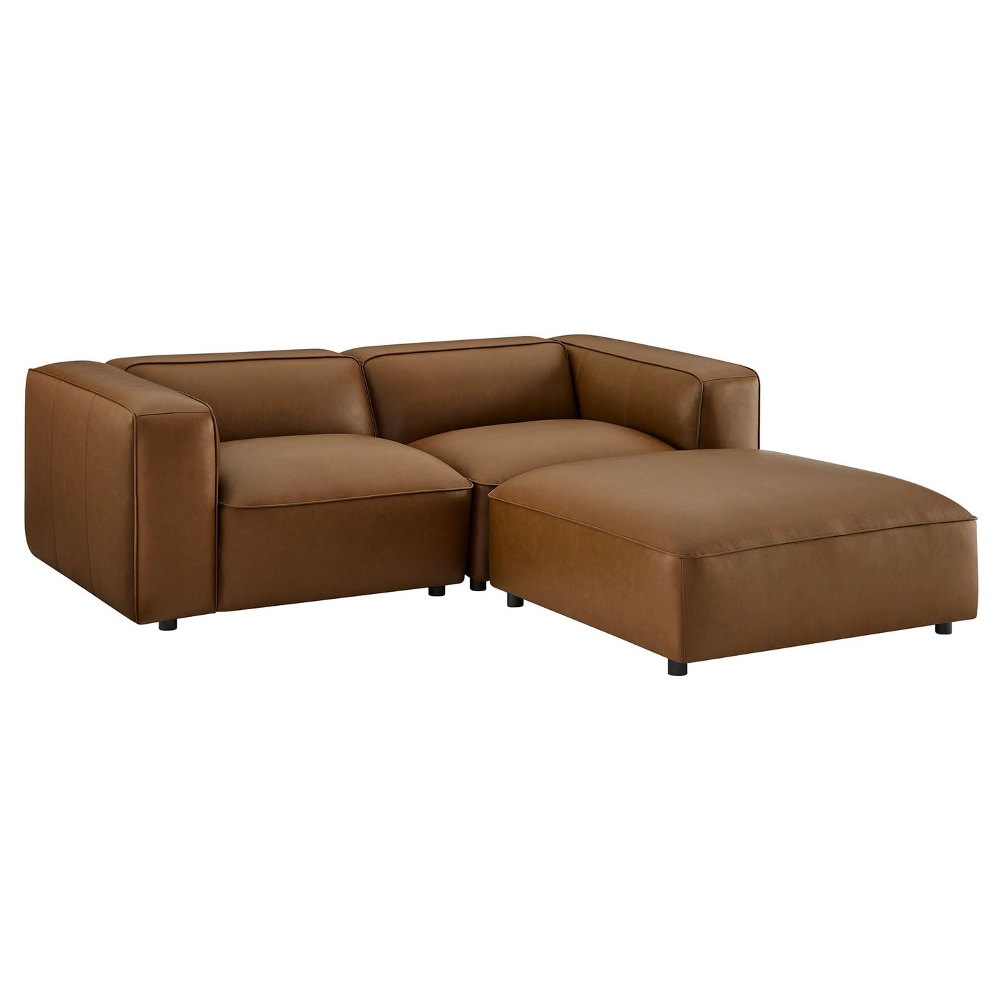 Modway Auren Vegan Leather 3 Piece Modular Sofa in Coffee - Faux Leather Loveseat with Ottoman - Comfy 2 Seater Sofa with Footstool - Mid Century Couch for Living Room, Apartment, Loft