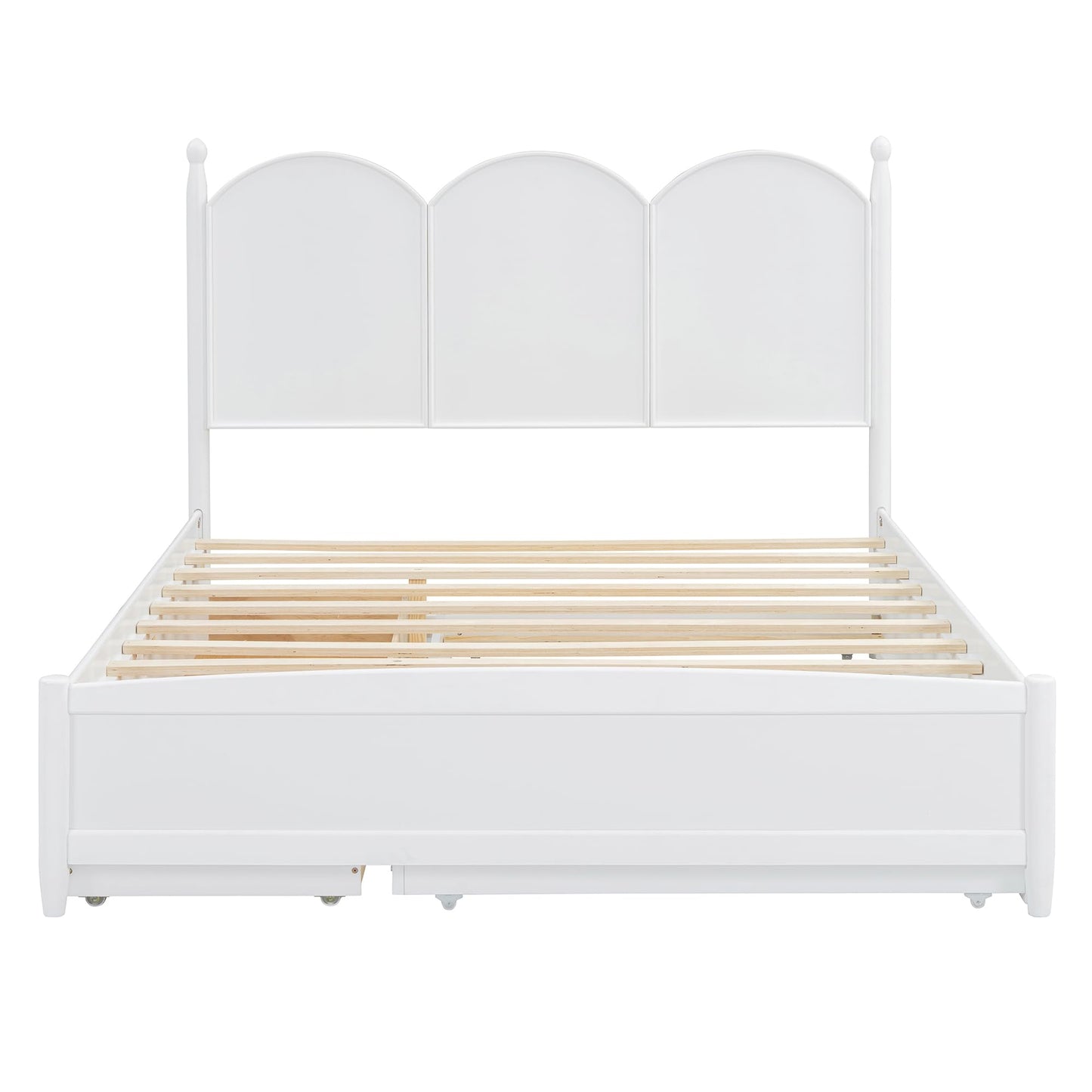 Merax Queen Size Platform Bed with 2 Storage Drawers and Twin XL Size Trundle, Rustic Design Wooden Bed Frame, White