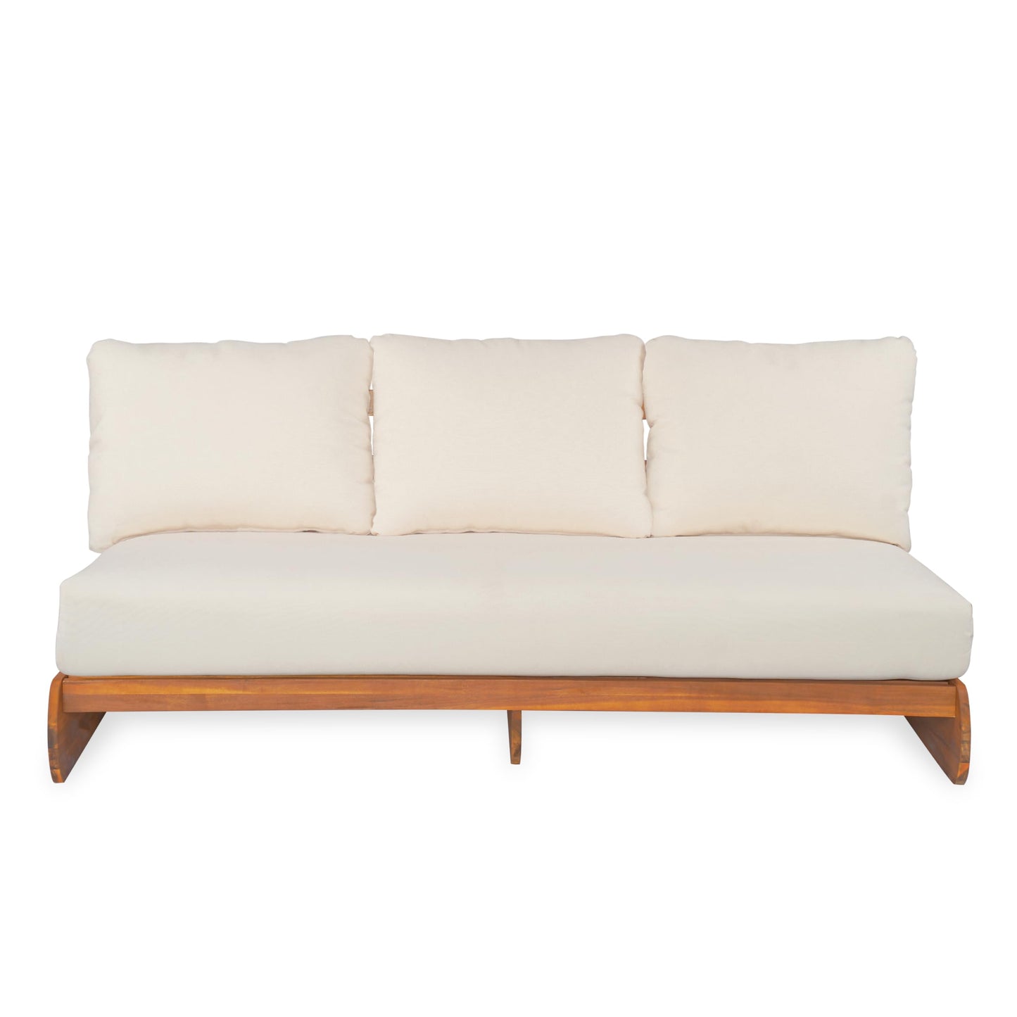 Merax Outdoor Acacia Wood Sofa with All-Weather Cushions, Patio Low 3-Seater Lounge Sofa for Porch, Lawn, Backyard, Balcony, Beige +Teak