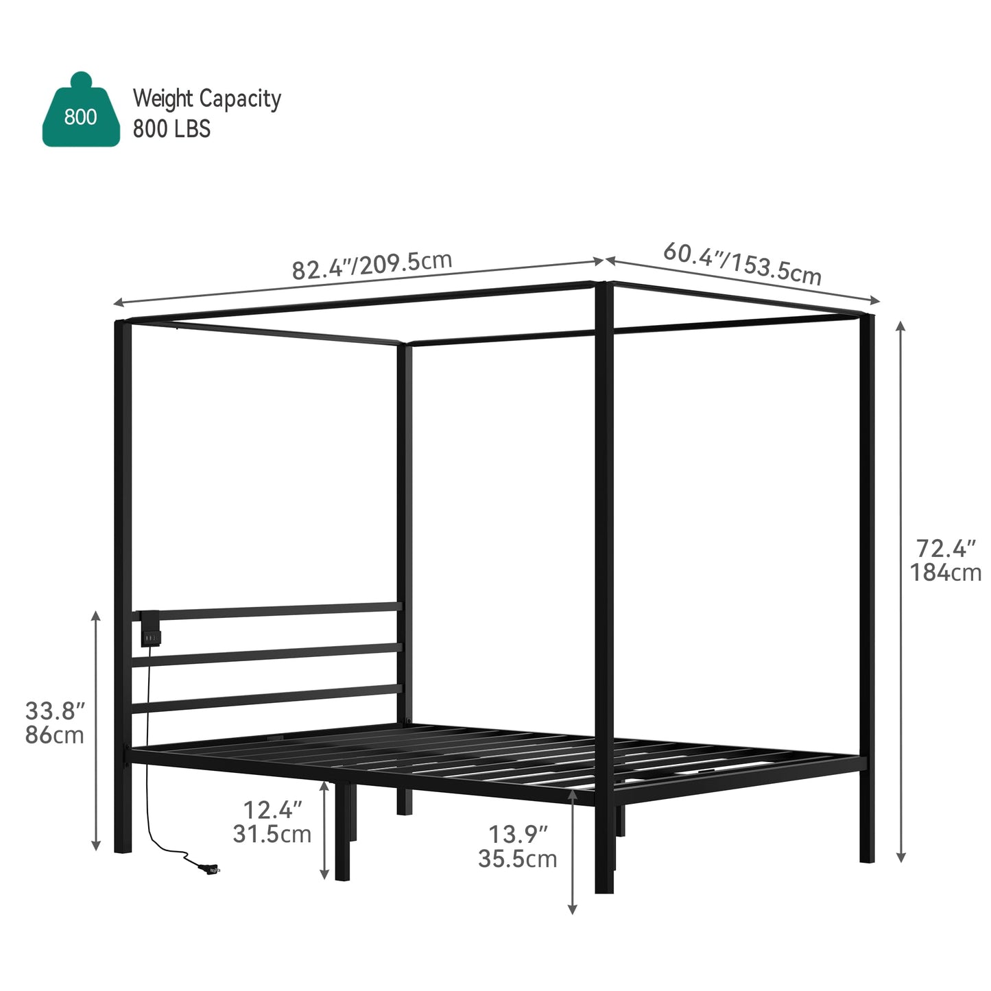 YITAHOME Queen Size Canopy Bed, Four Poster Platform Bed with Metal Slats Support, Metal Bed Frame with USB Charging Station, 12.4 inch Underbed Storage, No Box Spring Needed, Black