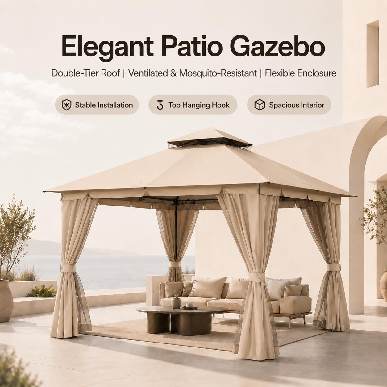 Kingdura 10'x13' Outdoor Gazebo, Heavy Duty Metal Patio Canopy Tent Shelter with Double Roof, Mosquito Netting & Privacy Curtains for Backyard, Garden, Deck, Lawn, Khaki