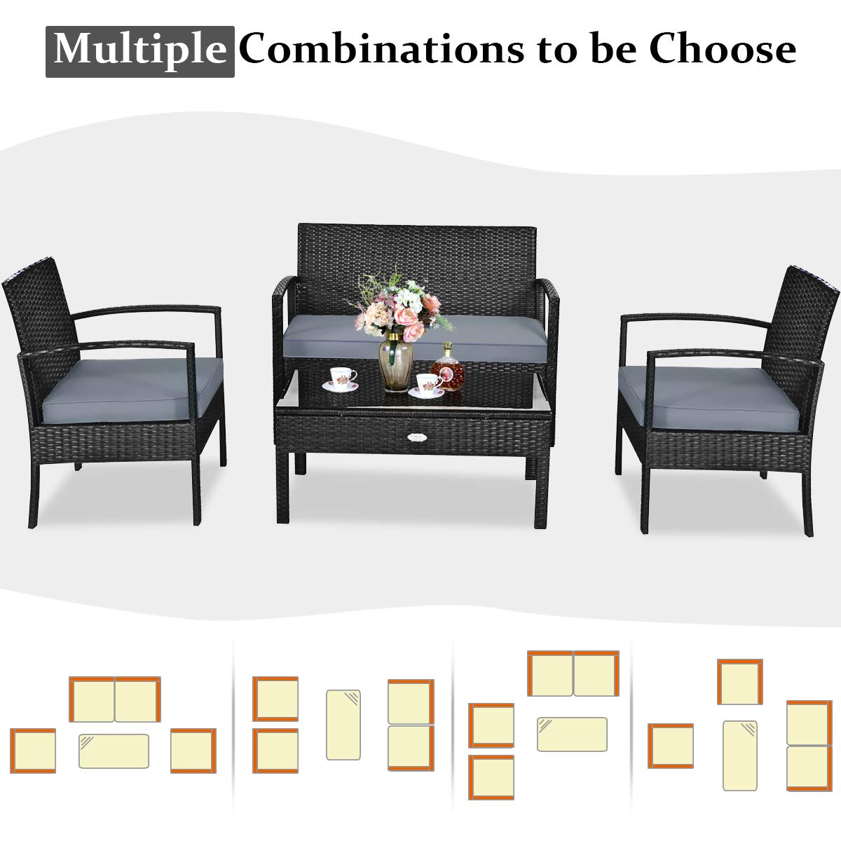 Tangkula 4-PCS Wicker Patio Conversation Furniture Set, Outdoor Rattan Chair and Table Set, Patio Furniture Sets with Coffee Table & Washable Cushions for Courtyard Balcony Garden (1, Black)