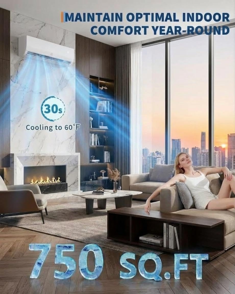 12000 BTU Mini Split Air Conditioner, 19 SEER2 Ductless Inverter AC with 115V, Cool up to 750 Sq. Ft with Heat Pump System, White