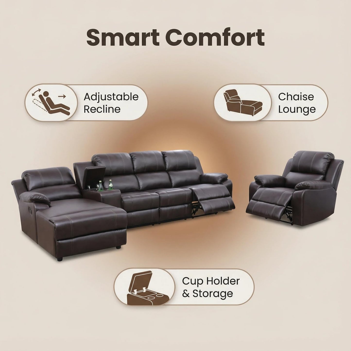 Trygoal Manual Recliner Sofa Set, Breathable Leather 4-Piece Reclining Couch Set, Living Room Furniture Set with Manual Recliners, Loveseat with Console, Cup Holders & Storage for Home Theater, Brown