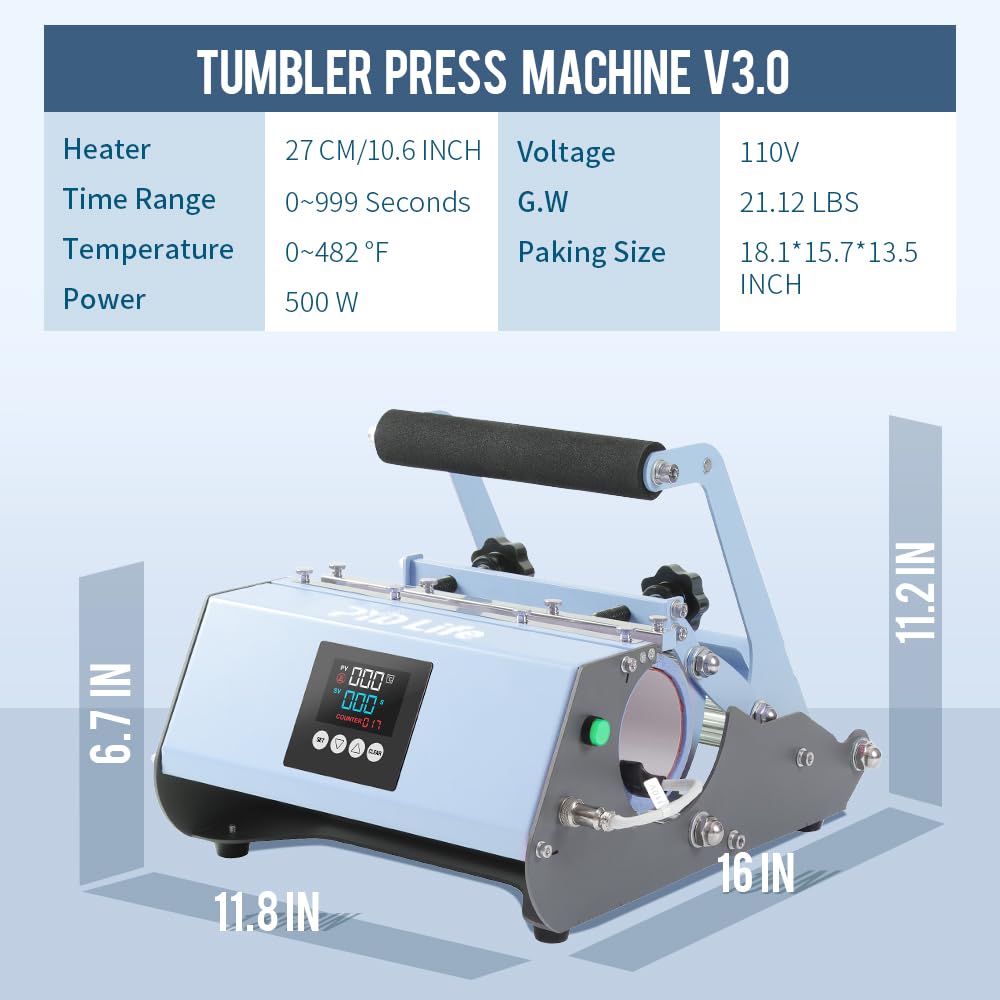 PYD Life 110 V Tumbler Heat Press Machine Blue Mug Press Machine for 30 OZ 20 OZ 16 OZ Straight Sublimation Blanks Skinny Tumbler 15 OZ 11 OZ Sublimation Ceramic Mugs Heat Transfer Print