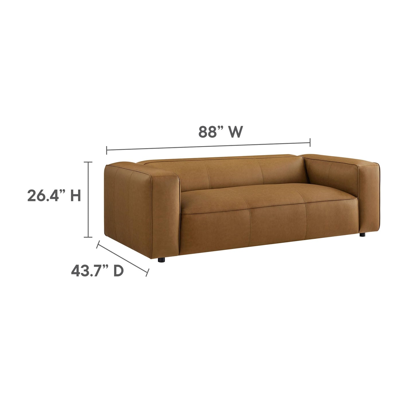 Modway Auren Vegan Leather Sofa in Camel - Faux Leather 3 Seater Couch - 88 Inch Comfy Modern PU Leather Sofa - Oversized Mid Century Modern Couch for Living Room, Apartment, Loft