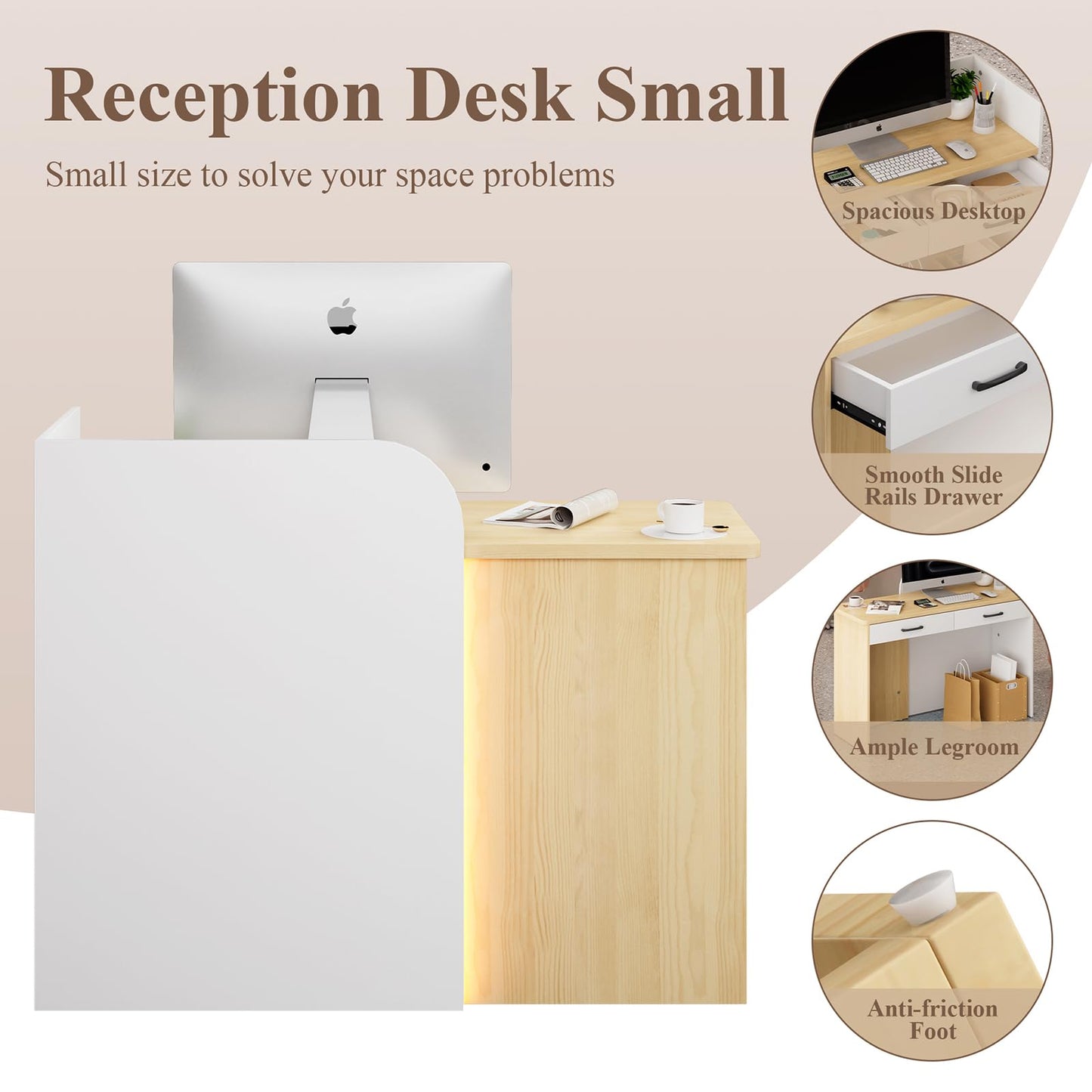 Laxodor 24'' Small Reception Desk with LED Lighting & Drawer