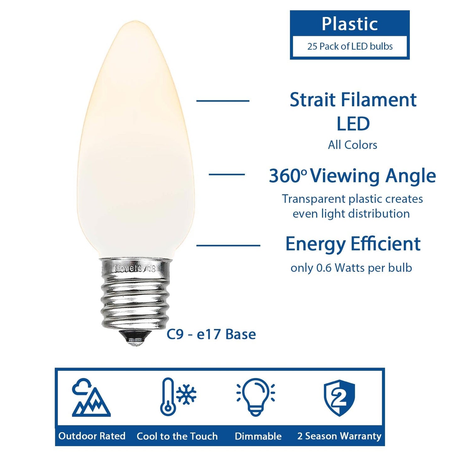 Novelty Lights Vintage LED C9 String Lights, 25 Ft, Warm White, Ceramic Bulbs, 12in Spacing, Green Wire, Model MRD-25B