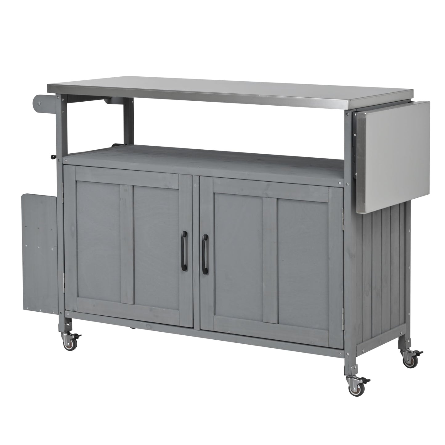Outdoor Kitchen Island Cart with Foldable Stainless Steel Top, Rolling Grill Table with Adjustable Shelf Storage Spice Rack and Towel Holder, Wooden BBQ Prep Station with Lockable Wheels, Grey