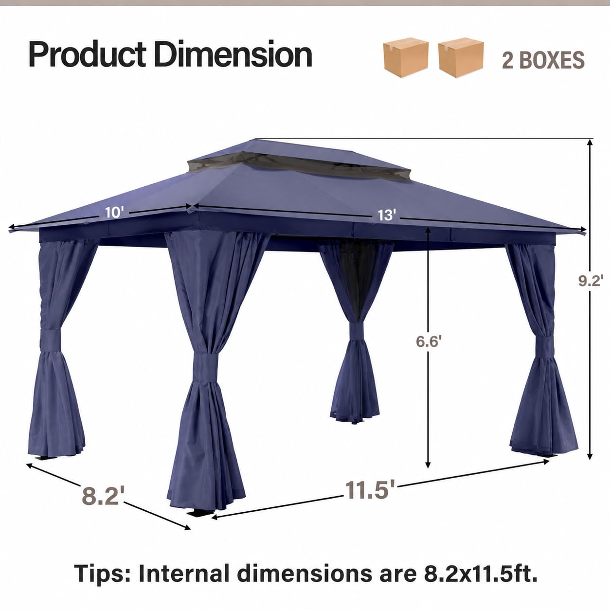 LAUSAINT HOME 10'x13' Outdoor Gazebo, Metal Frame Heavy Duty Patio Canopy Tent Shelter with Double Roofs, Mosquito Nettings and Privacy Screens for Backyard, Garden, Lawn, Navy Blue