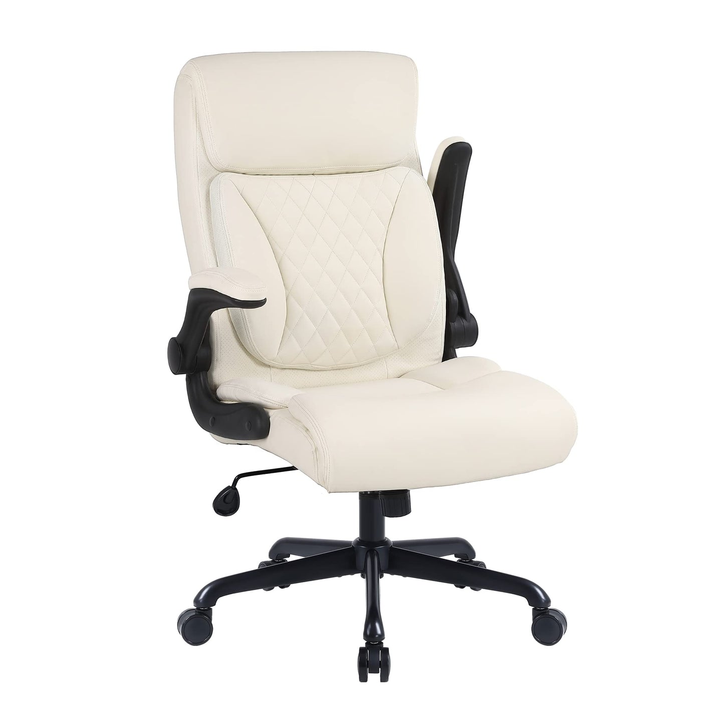 Youhauchair Executive Office Chair, Ergonomic PU Leather Computer Desk Chair with Lumbar Support, Flip-up Armrests and Adjustable Height, for Home Office, Beige