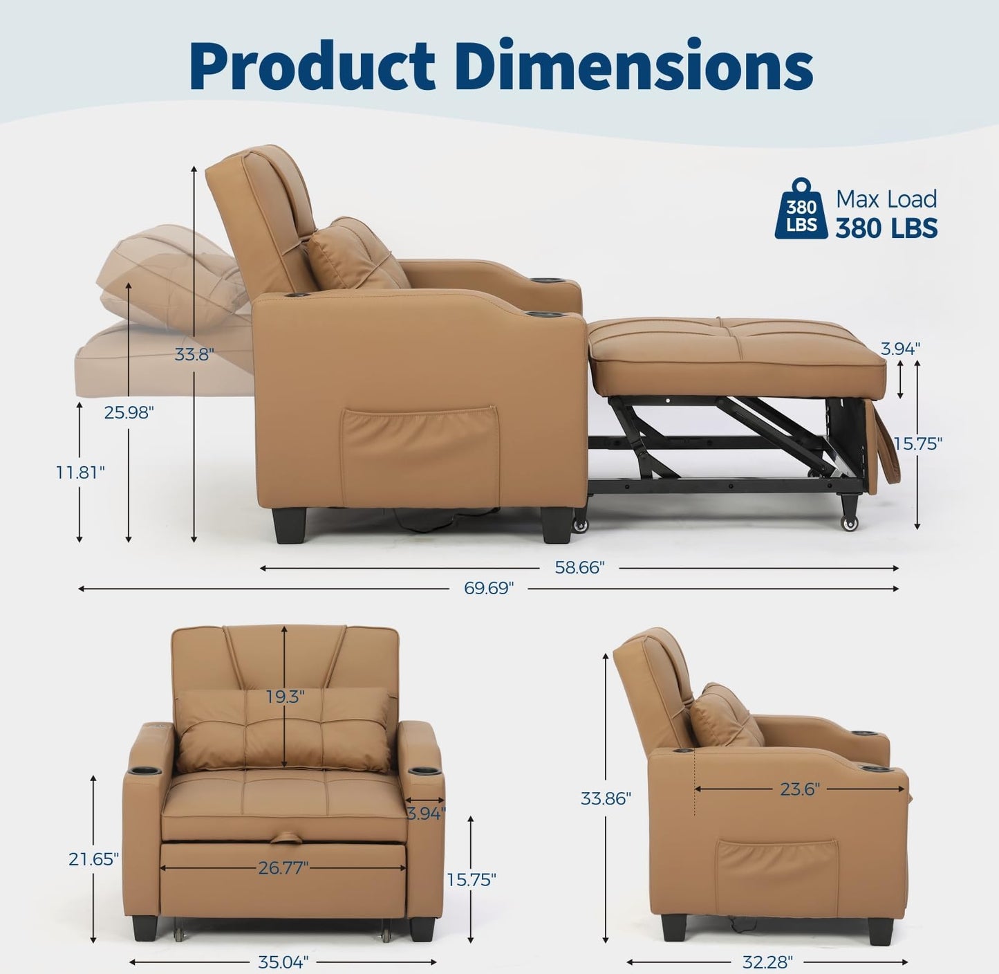Sleeper Chair Pull Out Bed, 4 in 1 Convertible Sofa Chair Bed with Vibration Massage Lumbar Pillow, Single Sofa Recliner with USB/Type-C Port, Cup Holders and Side Pocket for Small Spaces (Brown)