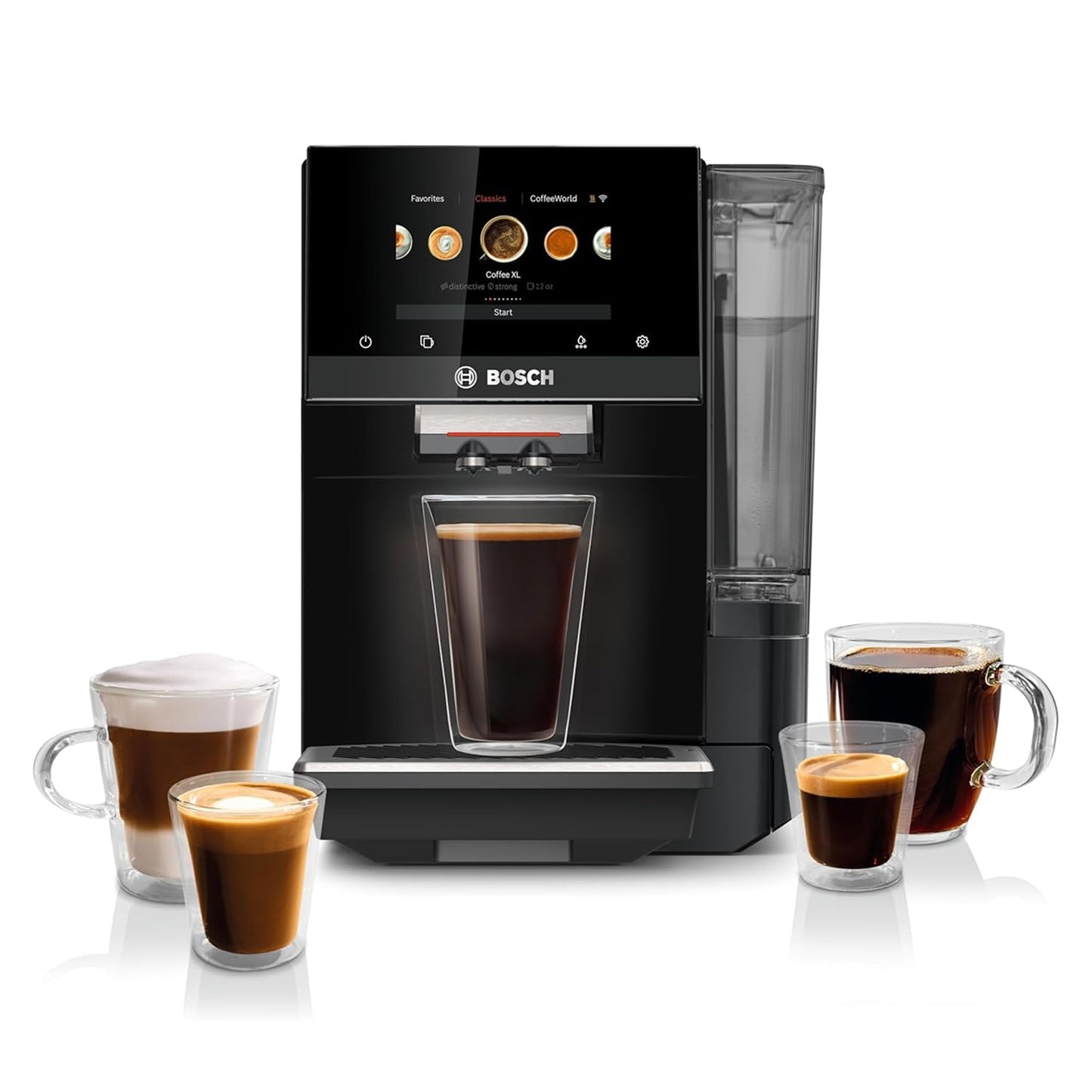 Bosch Fully Automatic Coffee and Espresso Machine - 35 Drinks, Double Cup Barista Style Super Coffee Maker - Touchscreen, Large Bean Capacity - Easy Clean, Maintenance - Black - TPU60309