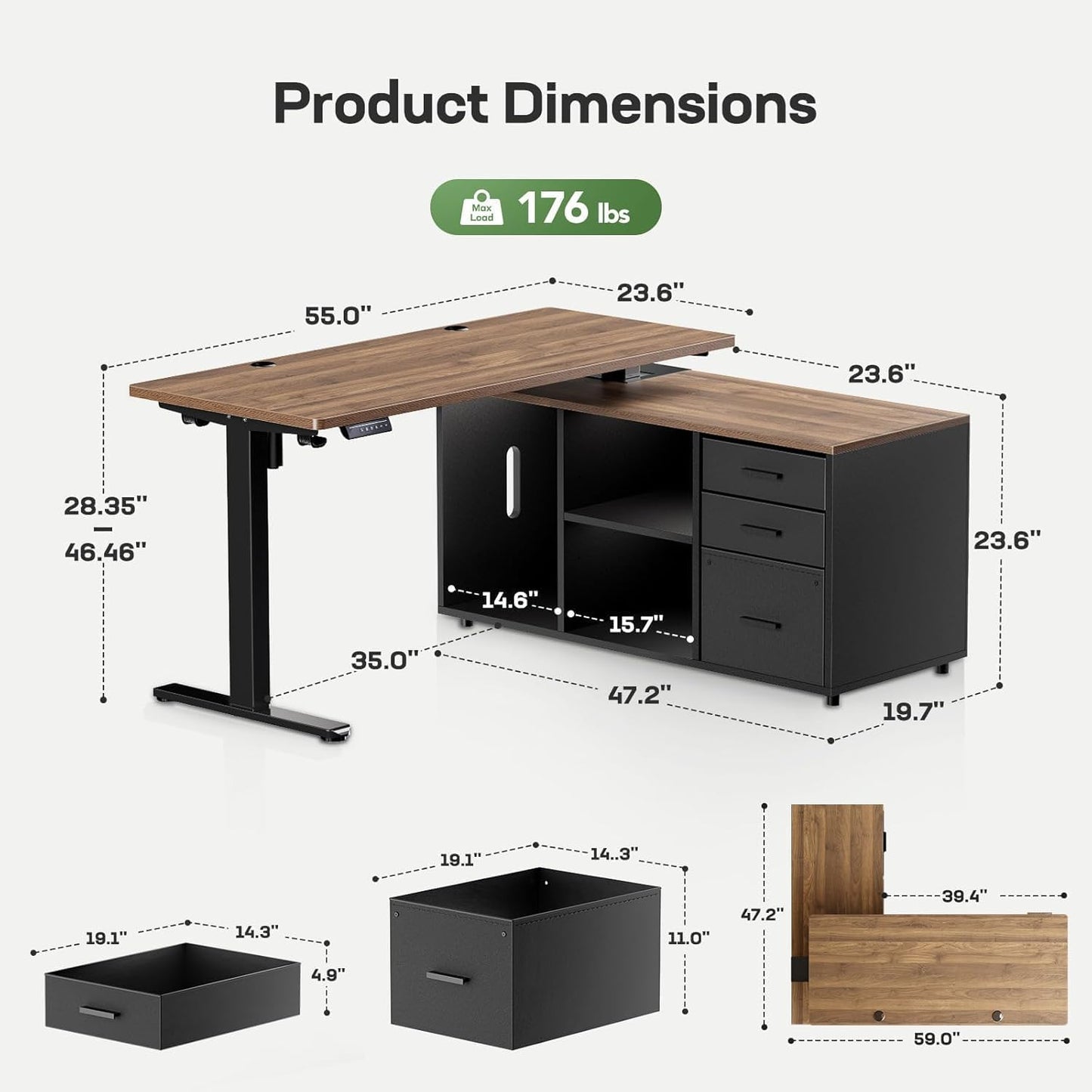Marsail L-Shaped Executive Standing Desk with File Cabinet, 55" x 24" Electric Height Adjustable Stand up Desk, One-Whole Piece Desktop, Home Office Modern Computer Desk with 4 Memory Presets