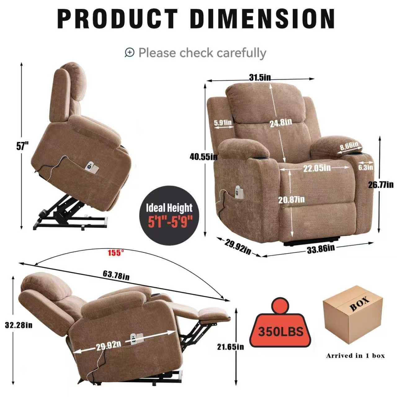 KEIKI Power Lift Recliner Chair for Seniors, Infinite Position Single Motor Lift Chair with Massage and Lumbar Heating, Upholstered Armchair Single Sofa with Cup Holders for Living Room, Brown
