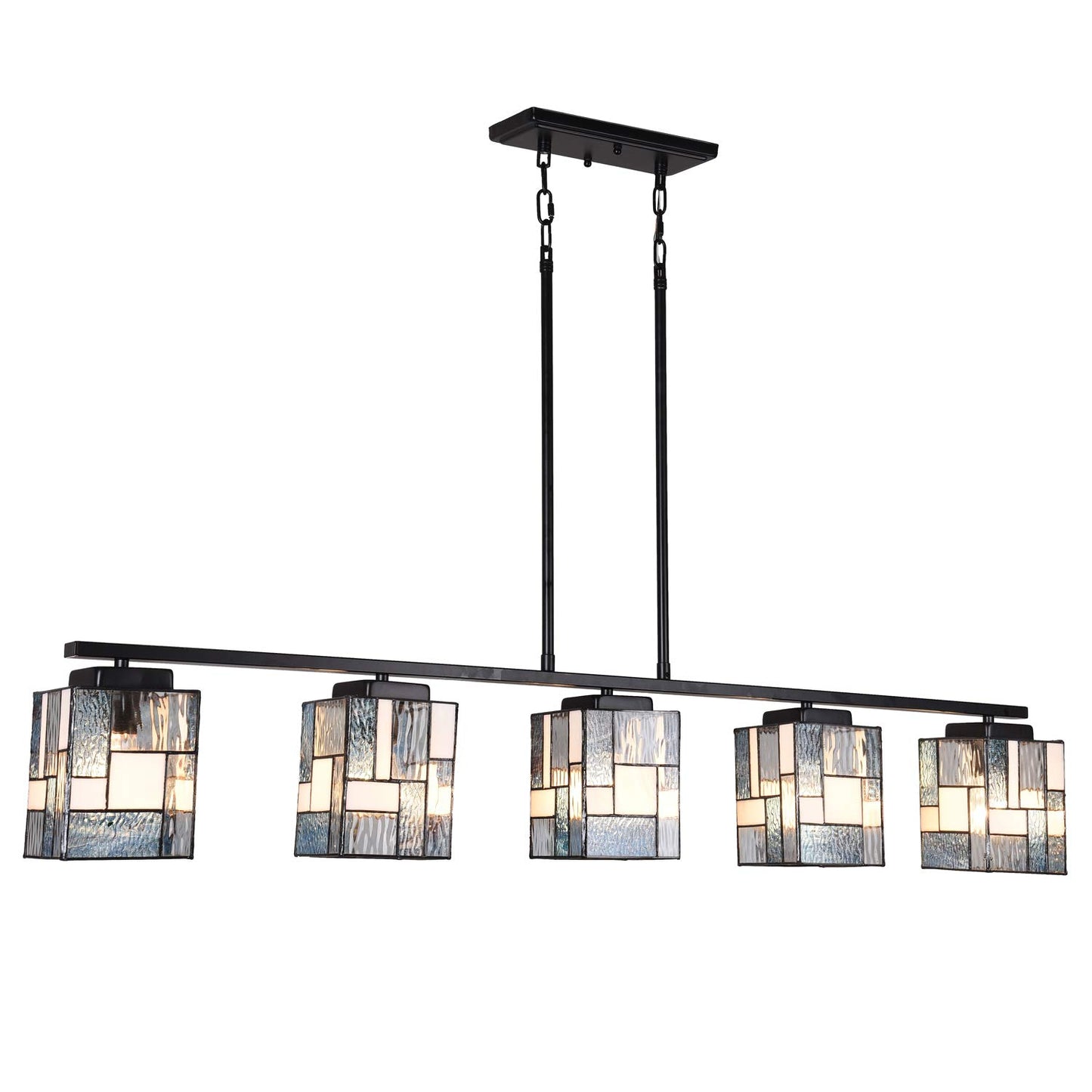 ARTZONE Tiffany Pendant Light Fixture[5 Lights][51''Wide*Adjustable Height] Stained Glass Tiffany Hanging Chandelier for Kitchen Island Dining Room(Blue)