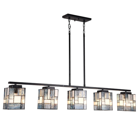 ARTZONE Tiffany Pendant Light Fixture[5 Lights][51''Wide*Adjustable Height] Stained Glass Tiffany Hanging Chandelier for Kitchen Island Dining Room(Blue)