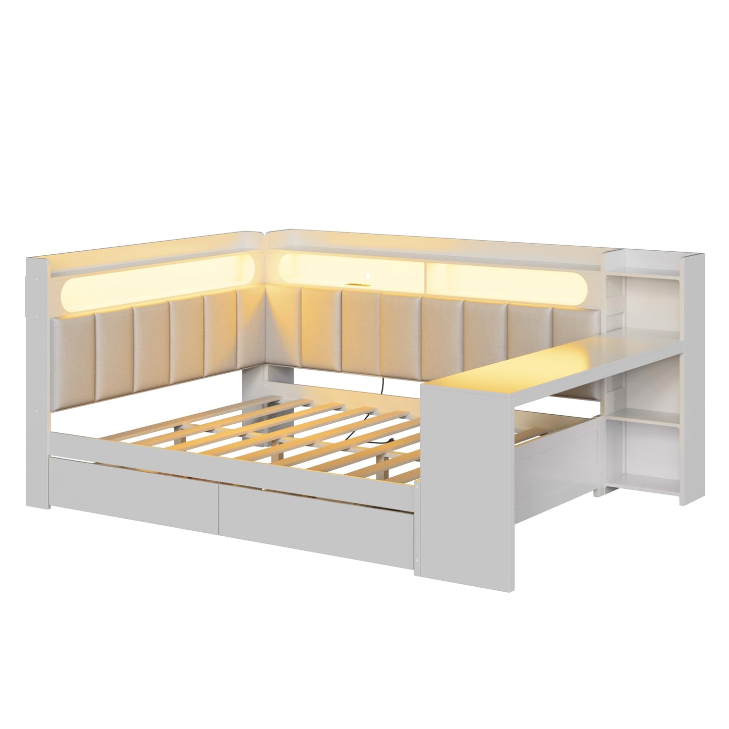 Merax Full Size Multifunctiona Daybed with Storage Drawers and Built-in Shelves & Desk, Corner Bed Frame with Charging Station, LED Light, Upholstered Headboard and Backrest