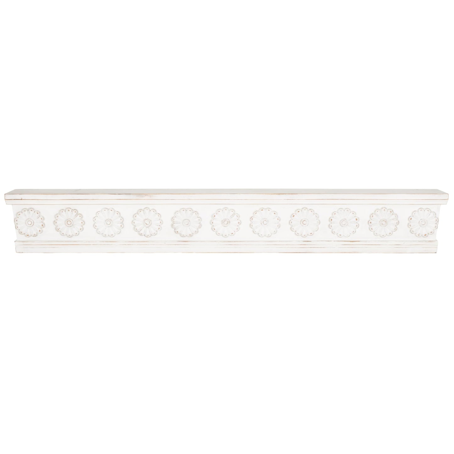Deco 79 Wooden Floral Room Wall Shelf Floating Shelf with Brown Distressing, Display Shelf 72" x 8" x 10", White