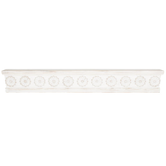 Deco 79 Wooden Floral Room Wall Shelf Floating Shelf with Brown Distressing, Display Shelf 72" x 8" x 10", White