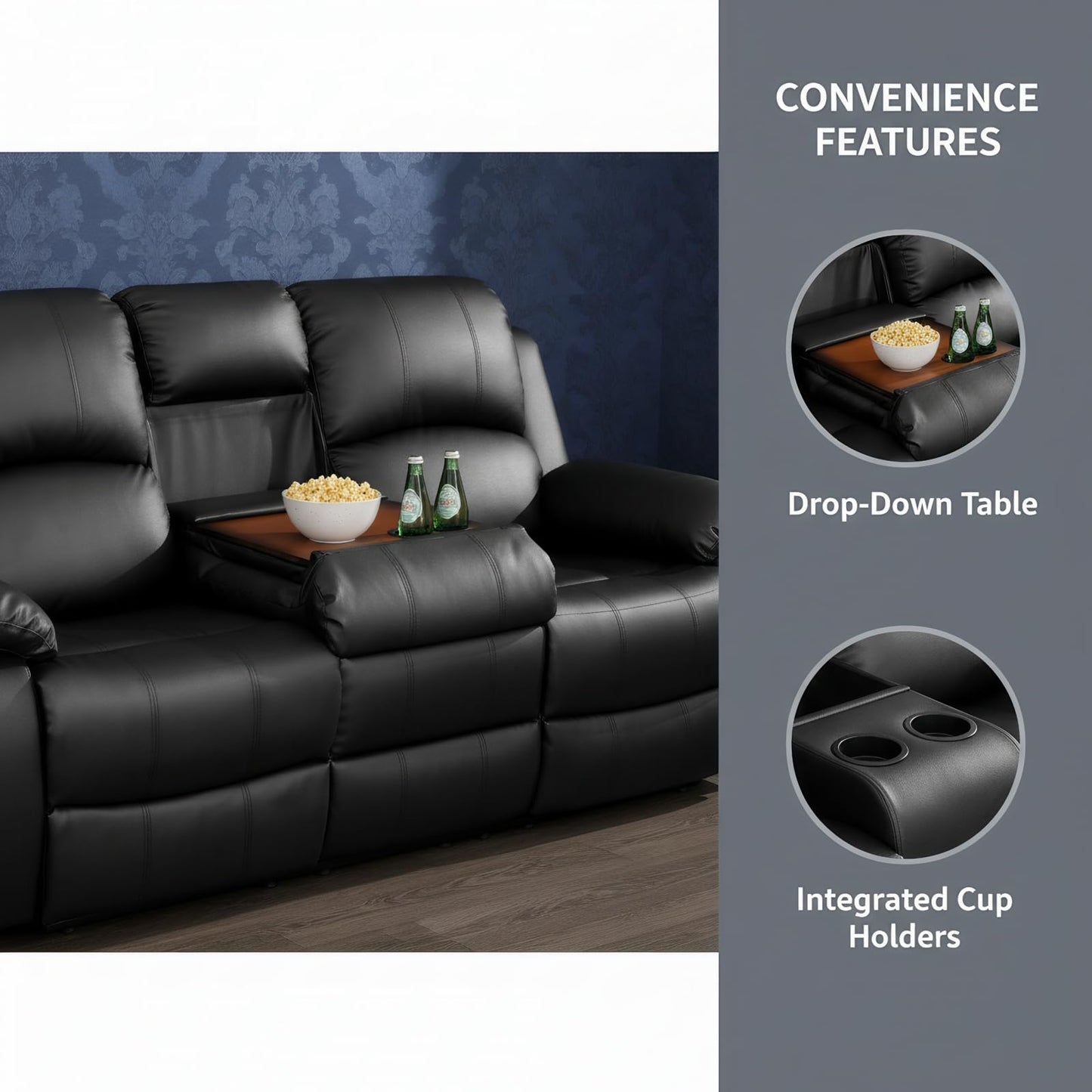 Trygoal Manual Recliner Sofa Set, Leather Reclining Living Room Furniture Set, Adjustable Backrest Reclining Loveseat Sofa and a 3 Seater Couch Furniture Set for Living Room, Home Theater, Black
