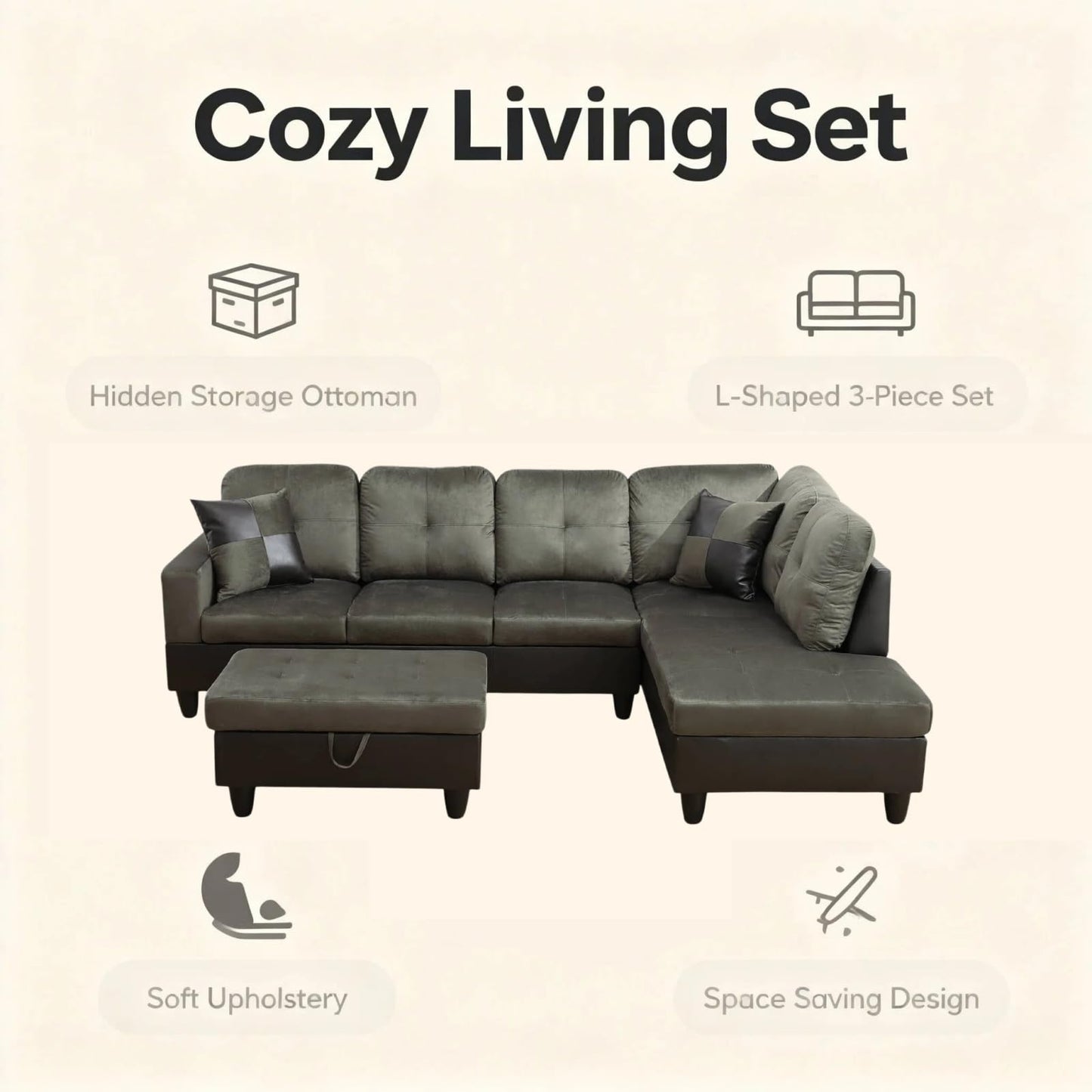 Trygoal 103.5 inch L-Shape Sofa with Storage Ottoman, Flannel Sectional Couch with Right Chaise, Modern 3-Piece Sofa Set, Upholstered Couch Set with Solid Wood Frame for Apartment, Loft, Taupe